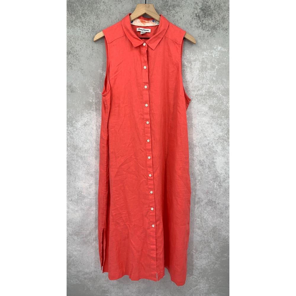 Tommy Bahama Dress Women XL Coral Orange Linen Sleeveless Button Front Midi